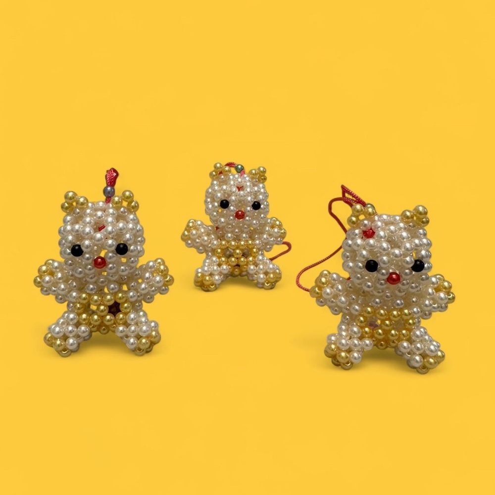 ✨ 3pc Gold & Pearl Beaded Bear Ornaments – Handmade Christmas Decor ✨
